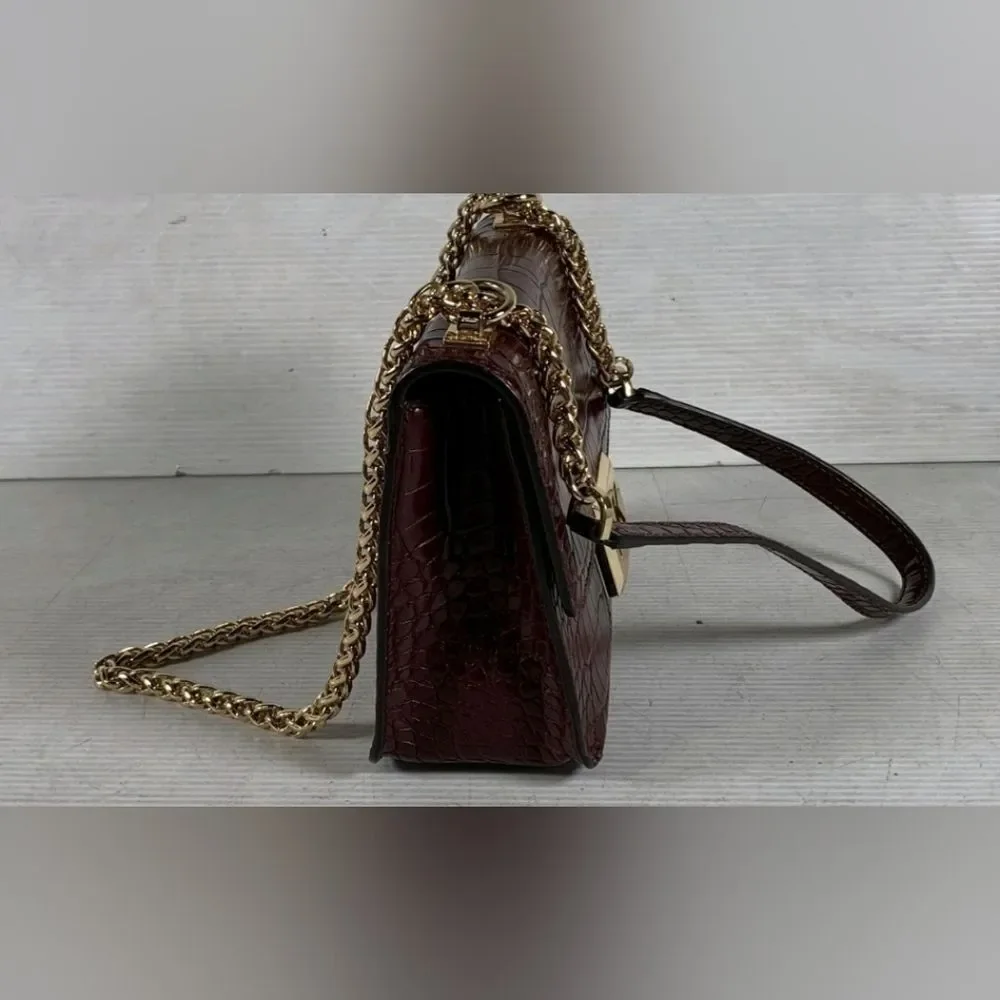 Michael Kors MK Sonia Red Burgundy Croc Embossed Square Crossbody Shoulder Bag